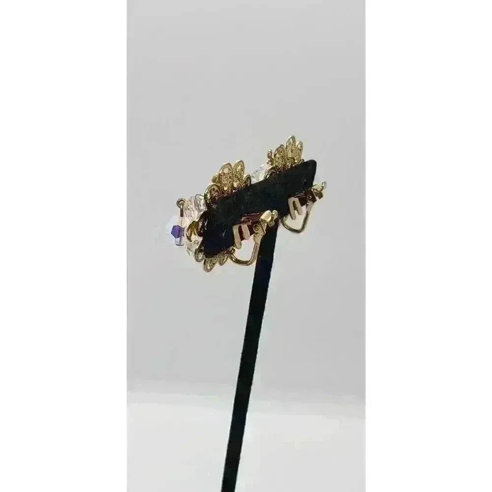 Vintage Earrings Clip Gold Filigree AB Crystal Dangle Soft Touch 1950 Fancy
